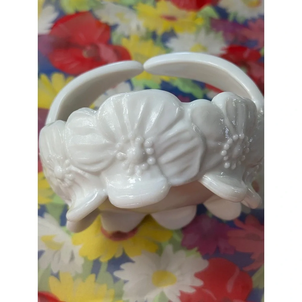Vintage White Milk Glass Floral Embossed Basket Trinket Dish Candy Bowl
